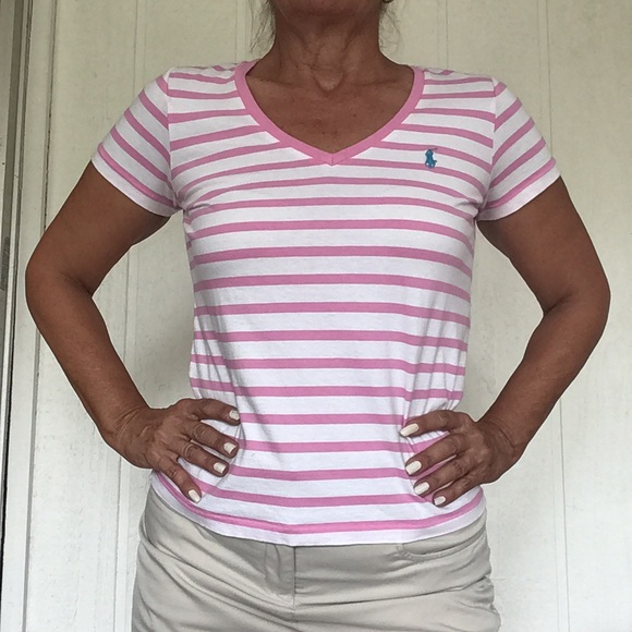 RALPH LAUREN POLO PONY V NECK STRIPED TEE SHIRT MEDIUM - Picture 4 of 11